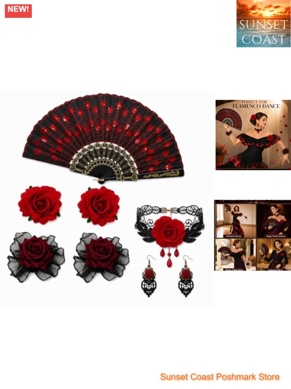 Flamenco Accessories Set 6 Piece Spanish Dance Costume Fan Choker